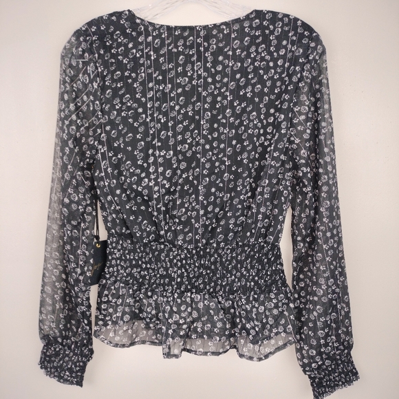 NWT Japna V Neck Faux Wrap Pinstripe Floral Top w/ Smocked Waist Sz. S - Picture 5 of 9